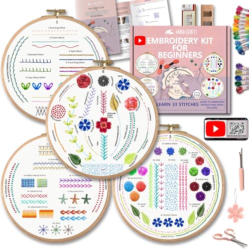 Moni Crafts - 4 Sets Starter Embroidery Kit for Beginners Adults and Kids - Beginner Embroidery Kit with Simple Stamped Patterns - Learn to Embroider 33 Stitches with Needlepoint Hand Embroidery