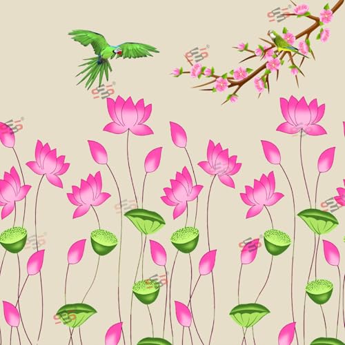 Image of S2S Traditional Lotus Flower Design Backdrop Cloth | for Pooja Decoration Background Curtain Cloth | 5 Feet Height & 5 Feet Width (Lotus Flower with PAROT)