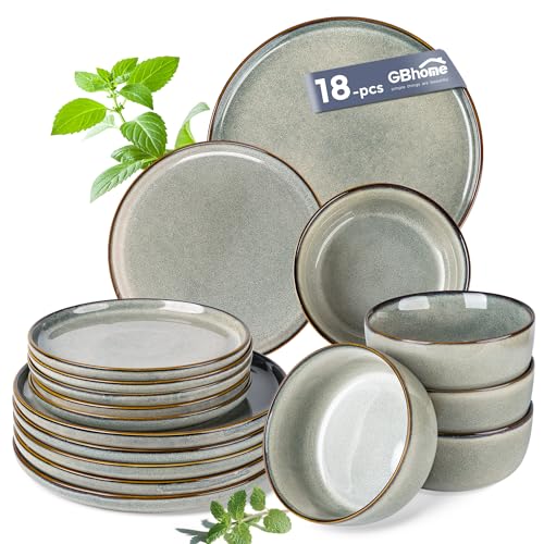 Stoneware Dinner Sets for 6 People, 18 Pieces Handcrafted Embossed Plates and Bowls Set, Scratch Resistant Dinnerware Set, Dishwasher & Microwave Safe Crockery Set (Green Wheat, Set of 18)