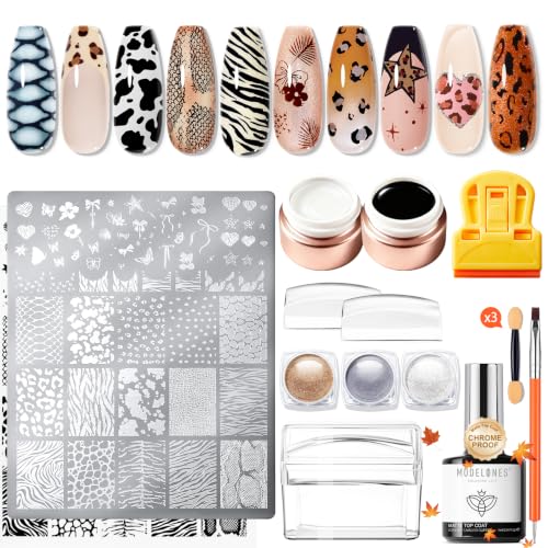modelones 16Pcs Fall Nail Stamping Kit French Stamper Animal Print Plate