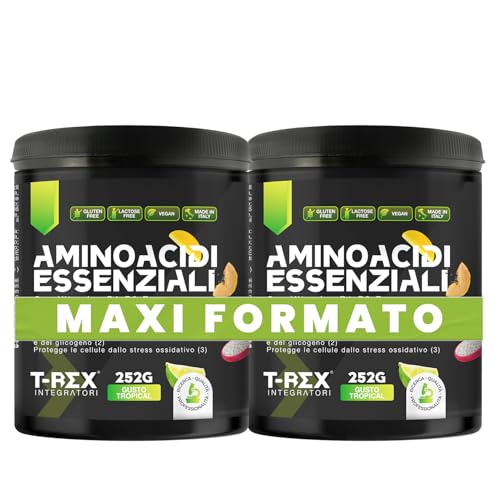 EAA Aminoacidi Essenziali con mix di vitamine B1, B6 ed E - Integratore di amminoacidi naturali vegan ottenuti da fermentazione T-Rex Integratori (Tropical, Polvere)