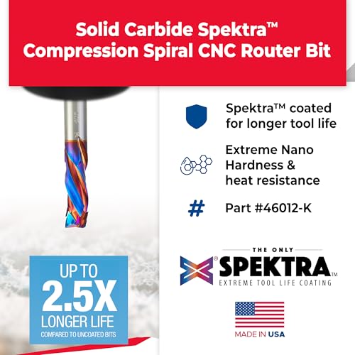 Image of Amana Tool Spektra Extreme Tool Life Solid Carbide CNC Compression Spiral Router Bit, 46012-K, 1 /2 D x 1-1 /4 CH x 1 /2 Shank x 3 Inch Long 3 Flute