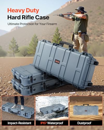 VEVOR Hard Rifle Case, Lockable Rifle Case with 4 Layers Pre-Cut Foams, 914 mm Gun Storage with Wheels, IP67 Waterproof & Dustproof Pistol Storage Cases for Rifles, Shotguns, Airsoft Guns, Grey