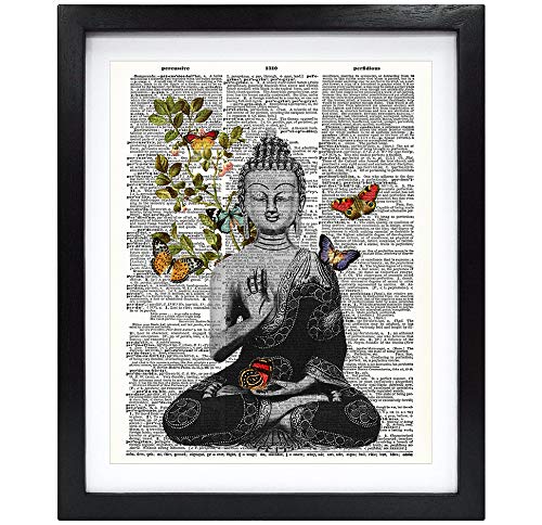 Susie Arts 8X10 Unframed Buddha with Butterfly Housewarming Zen Decor Upcycled Vintage Dictionary Art Print Book Art Print Home Decor Wall Art V157