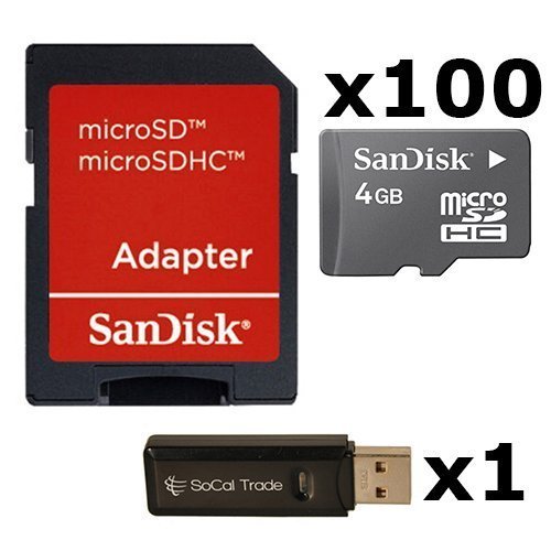 100 PACK - SanDisk 4GB MicroSD HC Memory Card SDSDQAB-004G (Bulk Packaging) LOT OF 100 with SD Adapter and USB 2.0 MicoSD & SD Memory Card Reader