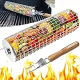 CEBERVICE Rolling Grilling Baskets for Outdoor Grill, Thickened SUS304 Stainless Steel, REMOVABLE HANDLE, Round Cylinder BBQ Grill Basket for Veggies Fish Meat, Barbeque Griller Accessories Gifts for Men Dad
