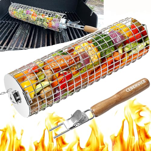 CEBERVICE Rolling Grilling Baskets for Outdoor Grill, Thickened SUS304 Stainless Steel, REMOVABLE HANDLE, Round Cylinder BBQ Grill Basket for Veggies Fish Meat, Barbeque Griller Accessories Gifts for Men Dad