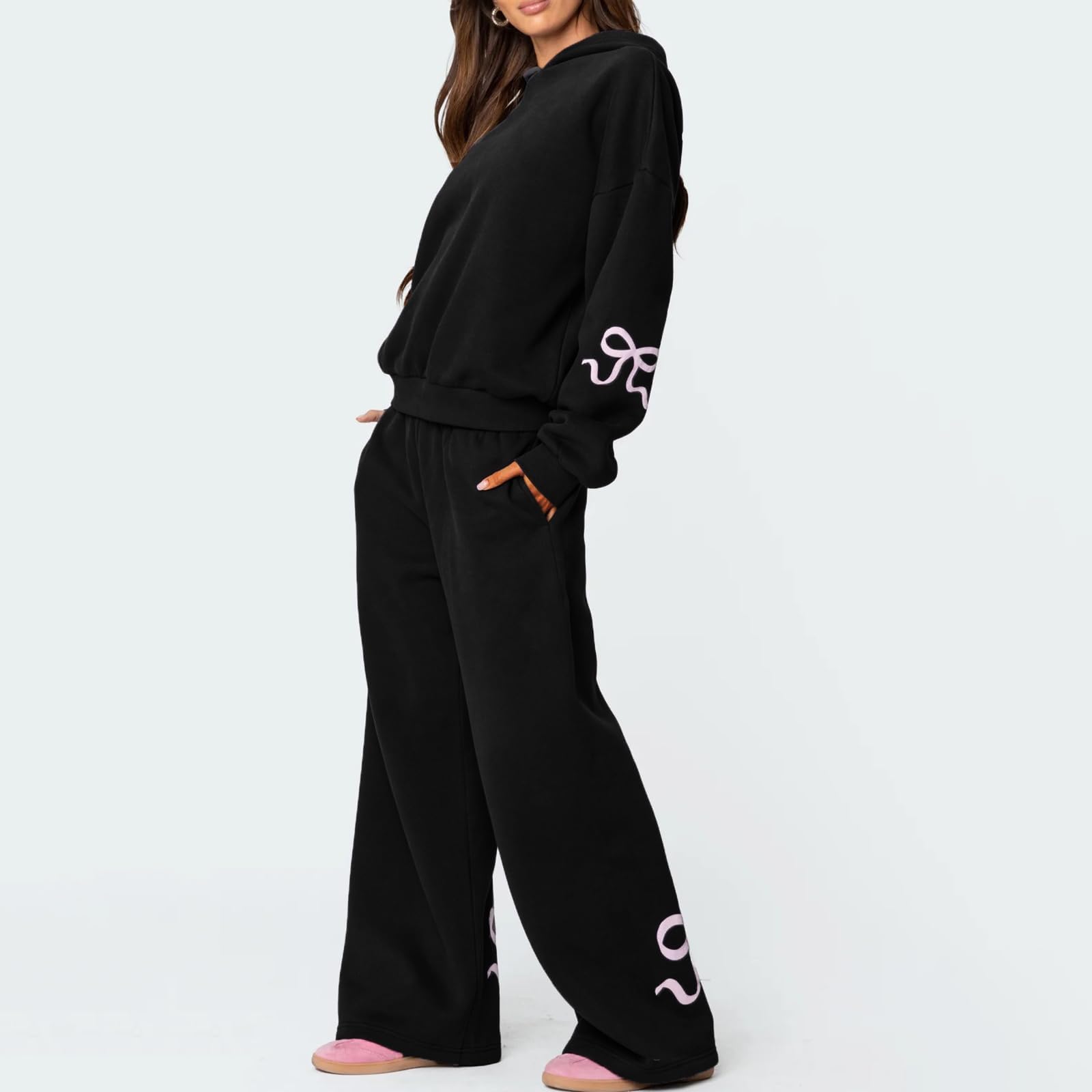 Chándal Y2K con lazo para mujer, 2 piezas, sudadera casual de manga larga para adolescentes y niñas, sudadera con capucha de gran tamaño