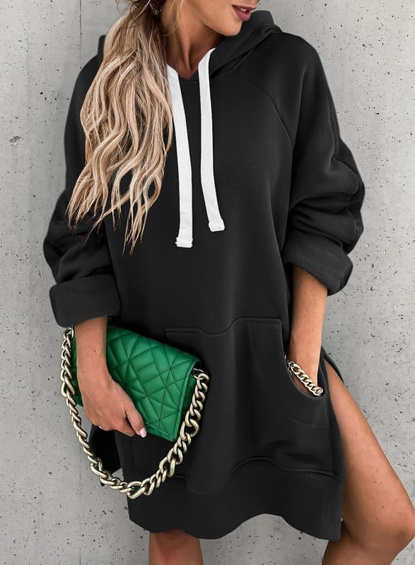 SHEWIN Women's Oversized Casual Pullover Long Sleeve Split Hem Drawstring Hoodies Dress With Kangaroo Pocket - Image 8