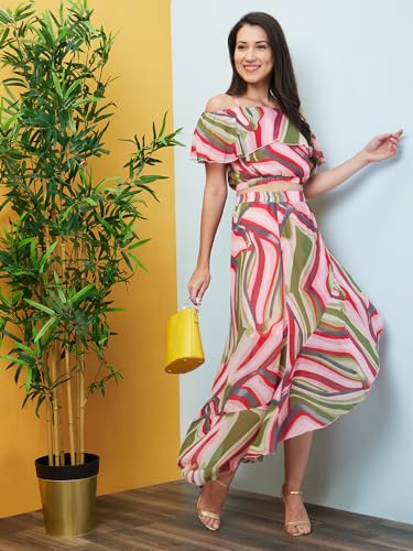 Image of Globus Women Pink Printed Co-Ord with Strappy Off-Shoulder Top & Skirt-3640697001