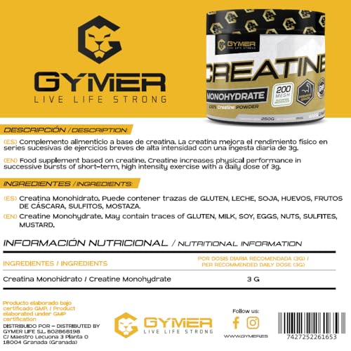 GYMER Creatina Monohidratada, Creatina en Polvo Monohidrato, Creatina Monohidrato, Monohidrato de Creatina, 250gr, Mejora Rendimiento Físico | Diferentes Sabores (250gr, Neutro) - Imagen 5