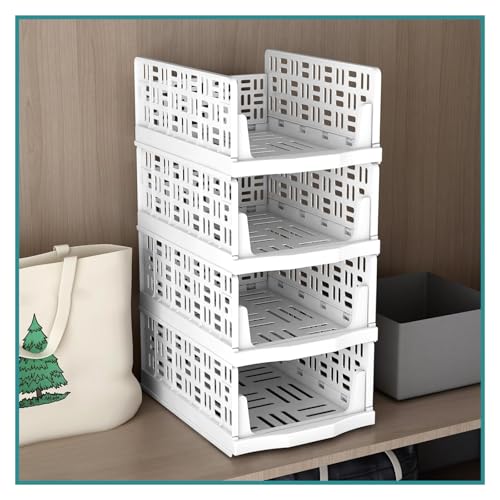 Image of Foldable Drawer Organizer with Stackable Storage Boxes for Wardrobe & Cupboard | Multipurpose Space Saving Storage Bins for Clothes, Toys, Books & Daily Essentials, White (Pack of 6)