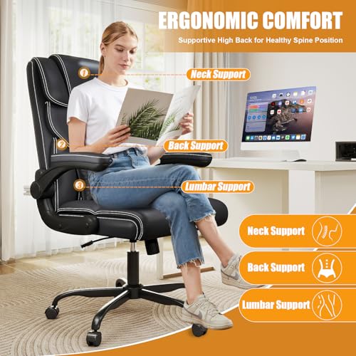 Executive Office Chair with Flip-up Armrests,Ergonomic Computer Desk Chairs,Mid-Tall Back Leather Office Chair 400 Lbs,Lumbar Support Swivel PC Chair with Rocking Function image 1
