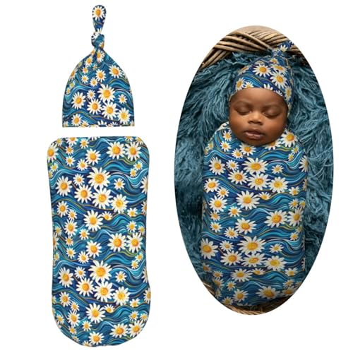 Image of Groovey Waves and Daisies Newborn Swaddle Blankets Hat Sets Soft Baby Receiving Blanket Swaddle Sack for Baby Shower Infant Boy Girl Gift