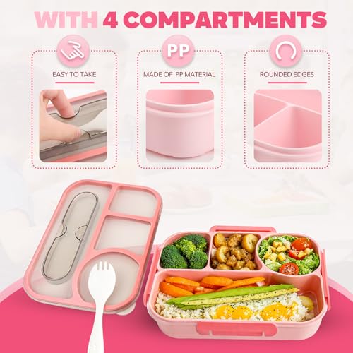 Image of EASYFUN Bento Box Adult, Lunch Box, 4-Compartment Lunch Containers, Drop-Proof, Dishwasher Safe & Made with BPA-Free Materials (Pink)