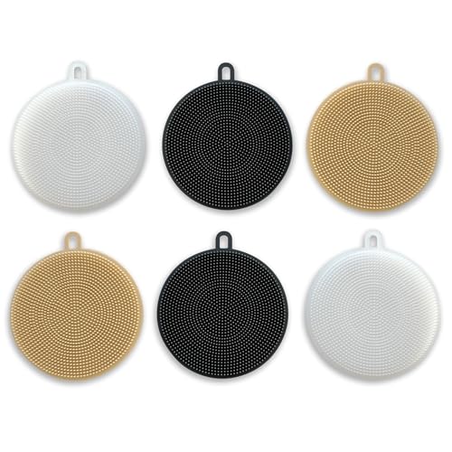 Image of Silicone Dish Sponges - Set of 6 Assorted Colors (White, Grey, Beige) - Kitchen Scrubber for Dishes, Fruits, and Vegetables - Cleaning Brush - Designed in Japan