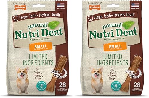 Image of Nylabone Nutri Dent Dog Dental Chews - Natural Dog Teeth Cleaning & Breath Freshener - Dental Treats for Dogs - Filet Mignon Flavor, Small (28 Count) (Pack of 2)
