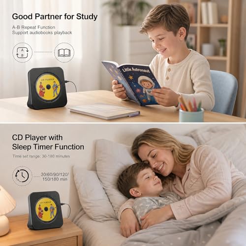 Image of Gueray CD Player Portable Bluetooth Desktop CD Player for Home with Timer Built-in HiFi Speakers with LCD Screen Display Boombox FM Radio USB Type-c (Black)