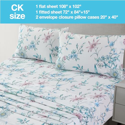 Image of JSD Pink Blue Floral Printed Sheet Set Cal King Extra Deep Pocket | 4 Piece Soft Botanical Microfiber Sheets, OEKO-TEX Certified, Easy Care