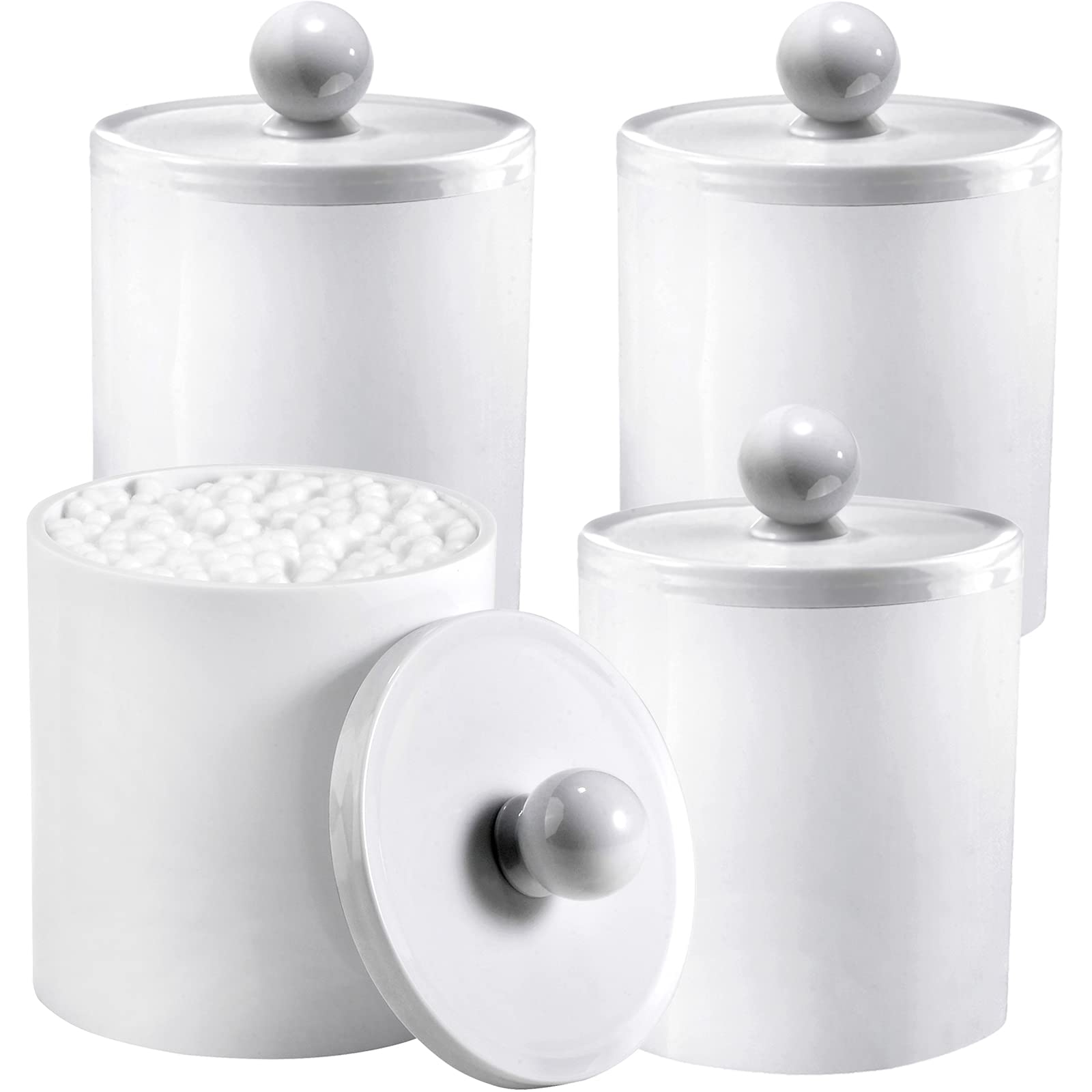 SheeChung Plastic Acrylic Bathroom Vanity Countertop Canister Jars with Storage Lid, Apothecary Jars Qtip Holder Makeup Organizer for Cotton Balls,Swabs,Pads,Bath Salts (White, 4 Pack of 15 oz.)