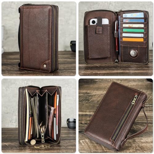Image of Top Grain Genuine Leather Text Customizable Clutch Wallet Purse for Man & Woman, Classic Vintage Design, Fully Handmade, Multiple Pockets & Slots, RFID Large Capacity for Daily /Business /Traveling /Gift