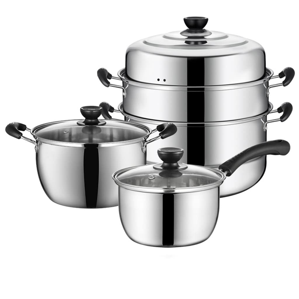 GTHTUHFD Pot Set Combination Stainless Steel Steamer Soup Pot Milk Pot Stove Household Induction Cooker Universal