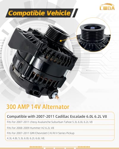 Image of 15093928 High Output Alternator 300A Compatible with 07-11 Chevy Avalanche | Suburban Tahoe C /K /R /V Yukon XL Escalade 2008-2009 Hummer H2 Replace 15093929