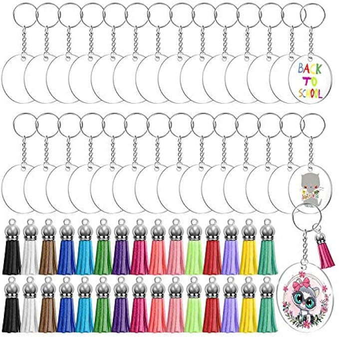 Acrylic Keychain Blanks, Audab 120 Clear Vinyl Keychains, Includes 30 Acrylic Blanks, 30 Keychain Tassels, 30 Keychain Rings and 30 Jump Rings for DIY Keychain Vinyl Crafting