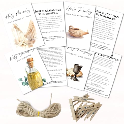 Easter Story Cards Set, 8 Pcs Holy Week Cards With 16 Photo Holders, 26 Feet(5 meters) Hemp Rope For Kids Teens Adults Easter Countdown, Christian Sunday School, Easter Day Decor And Accessories- 03
