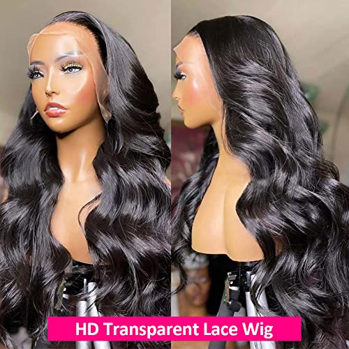 Wingirl 13x6 Body Wave Lace Front Wigs Human Hair Pre Plucked 180 Density HD Transparent Full Lace Frontal Wigs Human Hair for Women Natural Black Color 24Inch