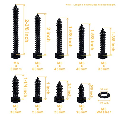 Eckj ECKJ035-M6-112-BLACK Hex Lag Bolts 112Pcs M6 Hex Head Lag Screws Washers Assortment Kit Fully Thread Heavy Duty Hexagon Wood Screw Zinc Plated Black Metric Length thumb #2