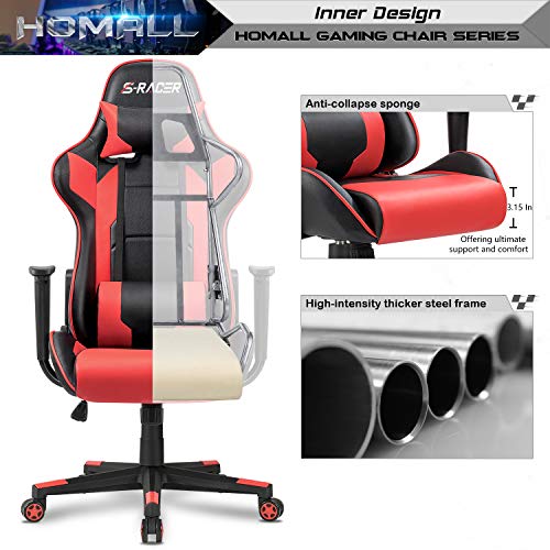 Homall Gaming Chair, Office Chair High Back Computer Chair Leather Desk Chair Racing Executive Ergonomic Adjustable Swivel Task Chair with Headrest and Lumbar Support (Red)