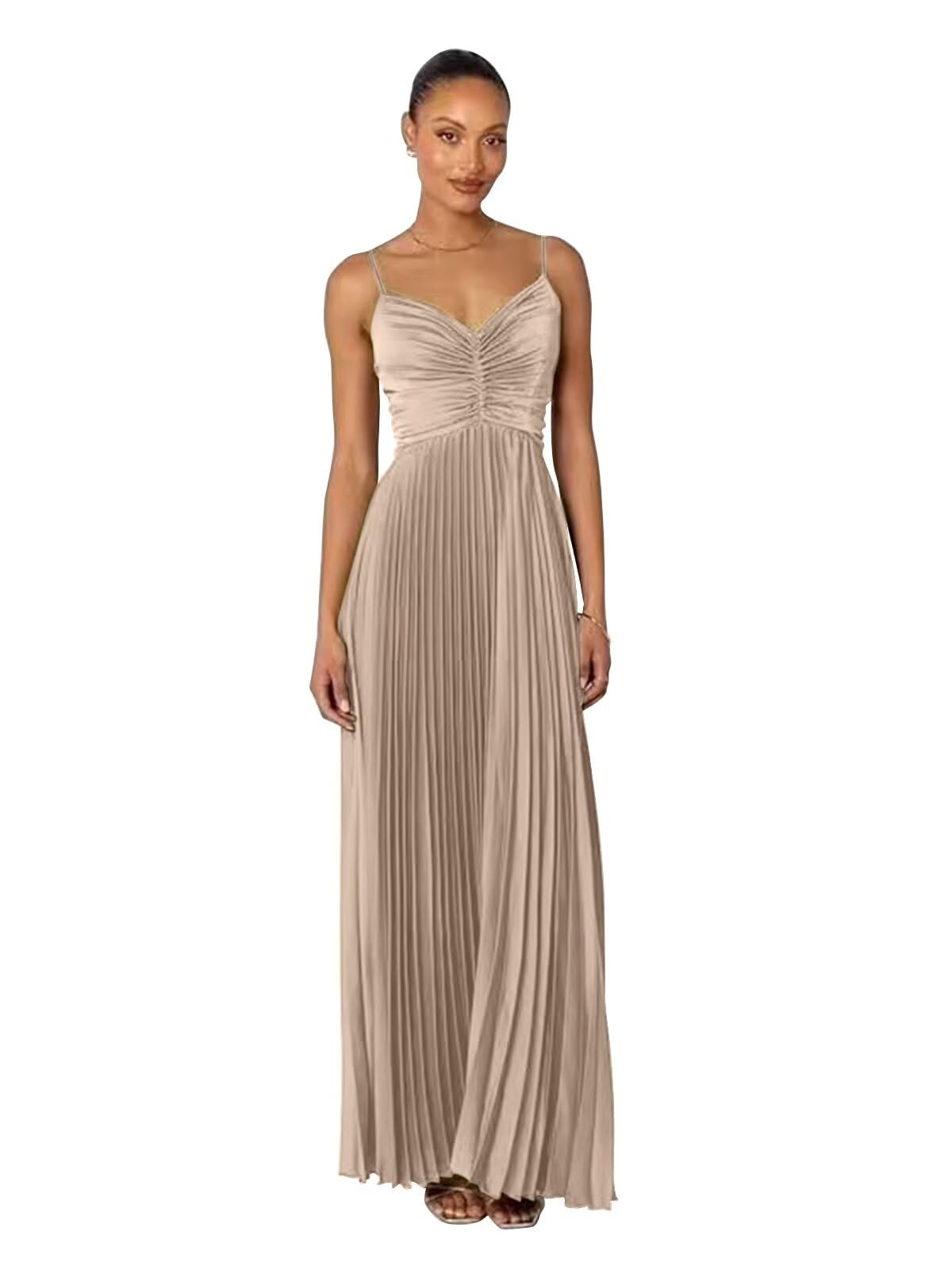 RYANTH Chiffon Long Bridesmaid Dresses for Women Spaghetti Straps V Neck Prom Dresses Pleated A Line Evening Formal Gown