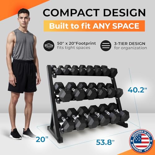Image of Rubber Hex Dumbbell Set with Rack, 8 /10 /12 /15 /20 Pair (450 /550 /780 /1200 /1550 /2100 lbs total) Weight Rack with Dumbbells for Home Gym & Strength Training