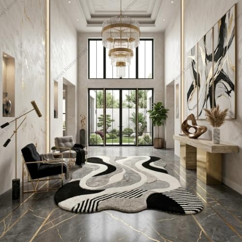 Image of SWEET HOMES Irregular Handwoven Shaggy Fluffy Area Rug | Modern Abstract Plush Carpet for Living Room, 12 x 18 Feet (366 x 549 cm), Black /Grey