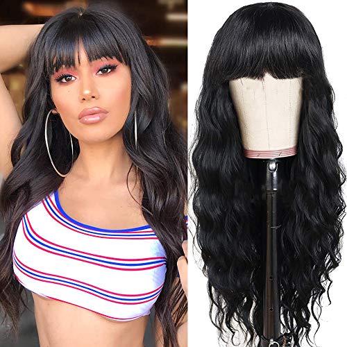 Freyja Hair Long Wavy Wig With Air Bangs Synthetic Heat Resistant Wigs for Women Natural Looking Black Curly Hair Machine Made Wigs (24Inch, Wave Wig)