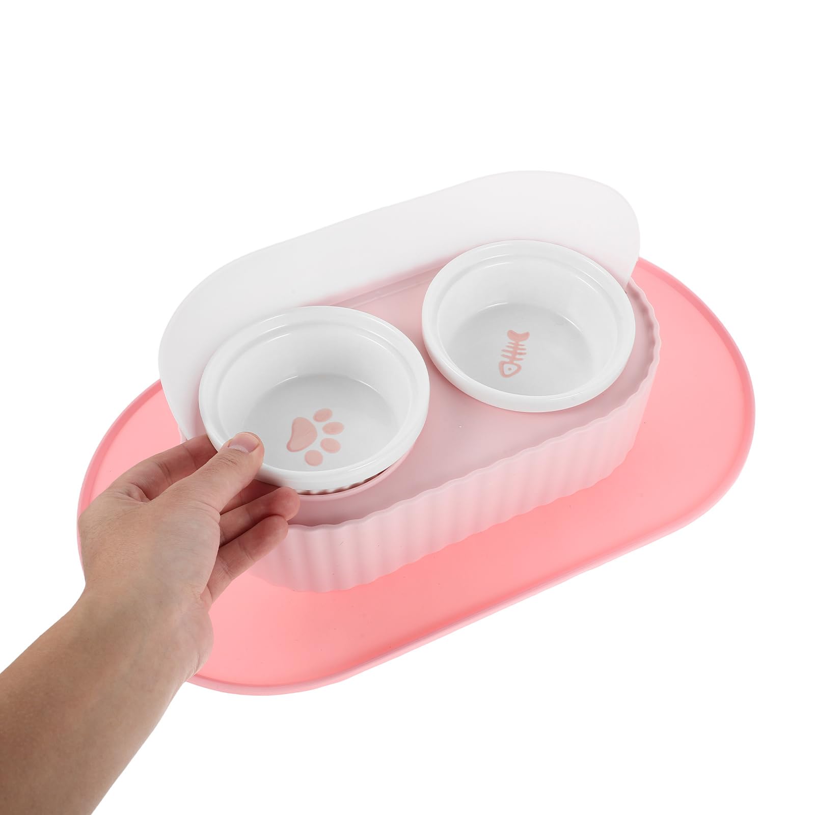 TOYANDONA Gamelle pour Chat en Céramique Surélevée 350 ML avec Support Antidérapant et Tapis Protecteur, Bol Double pour Eau et Nourriture, Station D’Alimentation Ergonomique pour Chatons