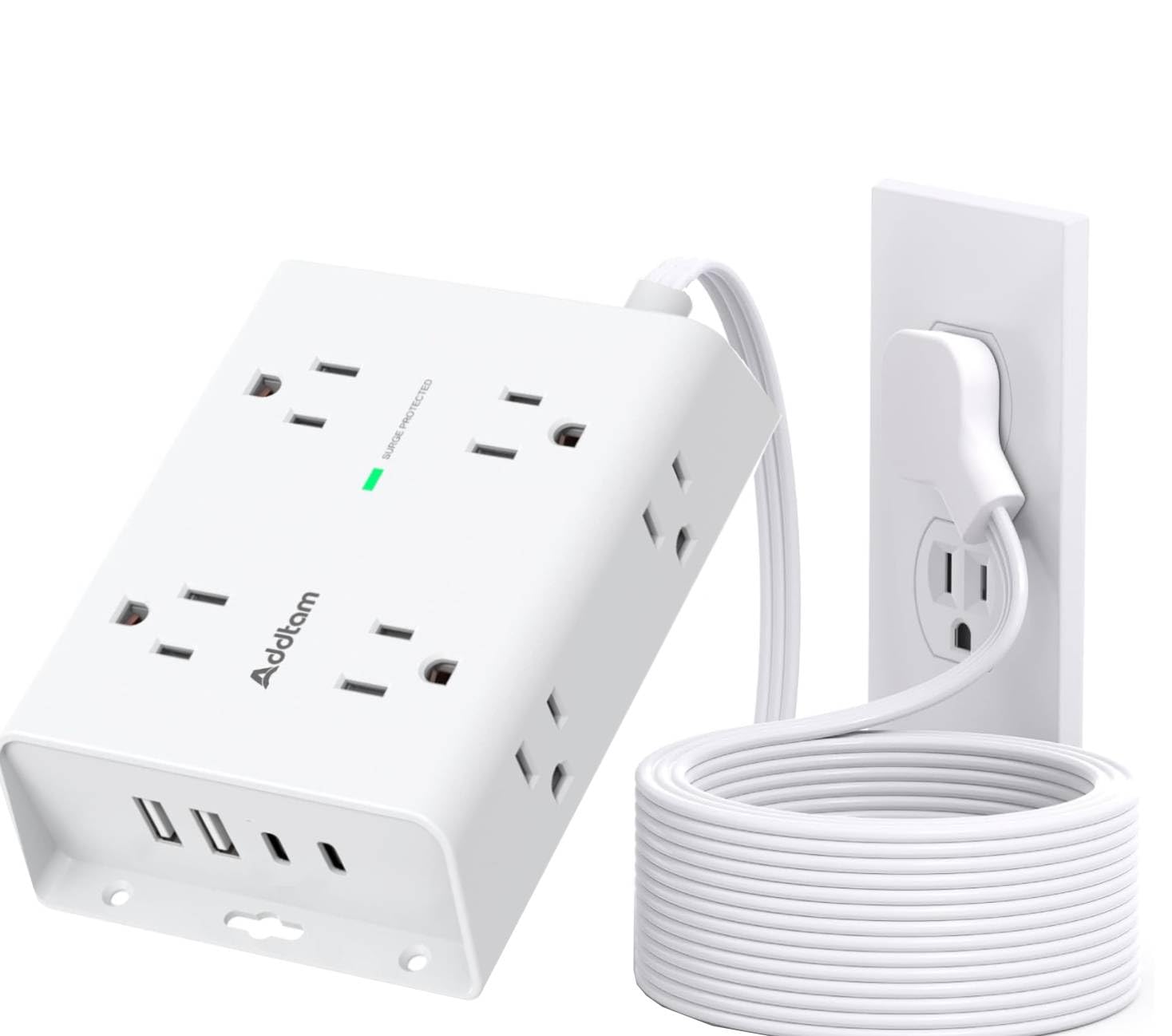 Surge Protector Power Bar, Addtam 5 ft Flat Plug Extension Cord Indoor with 4 USB Ports(2 USB C), 8 Widely Outlets Extender Desk Charging Station, Home Office Dorm Room Essentials, 1080J