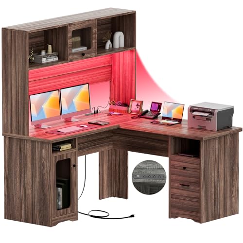 Unikito L Shaped Desk with Drawers, 60 Inch Office Desk with Power Outlet and LED Lights, Sturdy Corner Computer Desk with Hutch and File Cabinets, 2 Person Home Office Gaming Table, Rustic Oak
