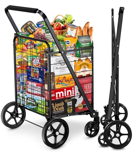Flovel Carro de la Compra Plegable Plano 130 kg – Carrito Compra 4 Ruedas Giratorias 360°, Fondo Rejilla Denso, Carro Plegable con Ruedas Extra Grande Multifuncional múltiples