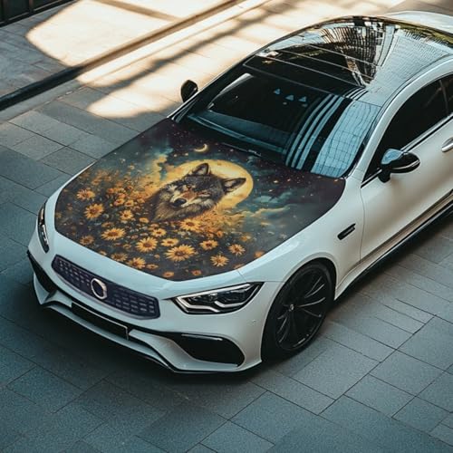 Image of Car Hood Cover,Portable All Weather Car Hood Cover Protector Suitable Most Automotive Sedans Trucks Pickup Sports Cars,Car Accessories Wolf Sunflower Print
