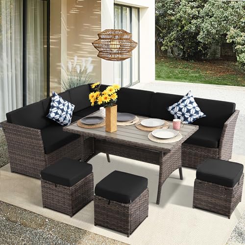 YOCONYO Patio Furniture Set, 7 Pieces Outdoor Dining Sets, All Weather Rattan Conversation Set, Outdoor Dining Sectional Sofa with Large Dining Table, Ottoman (Brown-Black, A-7 Pieces)
