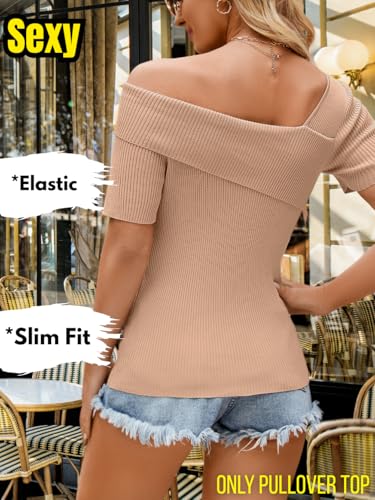 Women Asymmetrical One Off Shoulder Top, Short Sleeve Ribbed Knit Lightweight Sweater, Summer Going Out Trendy Outfit3