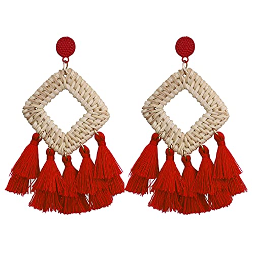 Bohemia Tassel Earrings Statement Handmade Dangle Ethnic Fringe Earrings Bamboo Weaving Geometric Square Sector Gifts for Women Girls-D red