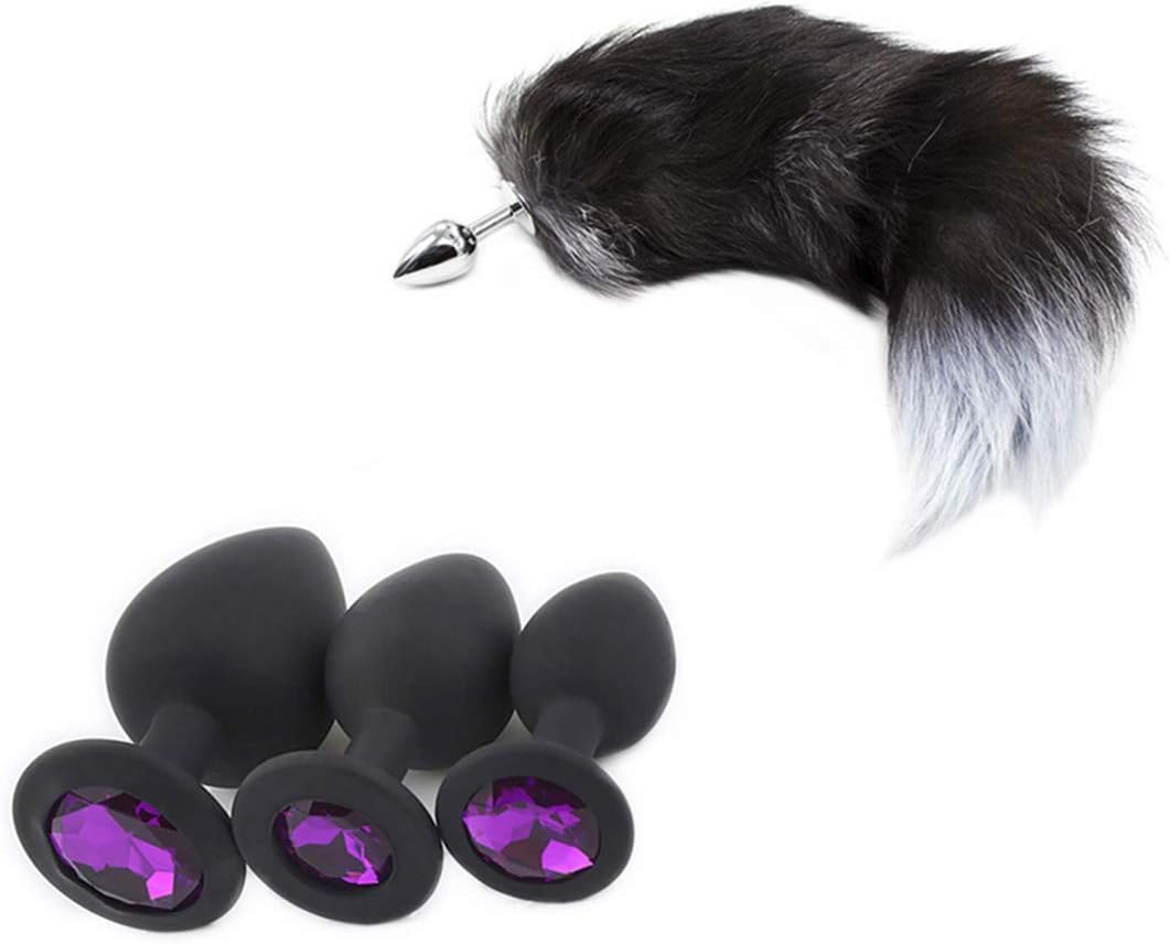 Silicone Props&Fluffy Plush Tail with White Tail Tip (purple)