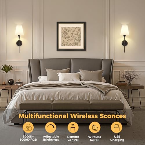 Image of DORESshop Battery Operated Wall Sconce Set of 2, Wall Light Wireless Easy to Install, Dimmable and Adjustable Sconces Wall Decor, Rechargeable Wall Lamp for Bedroom, Living Room, Black 20.7in