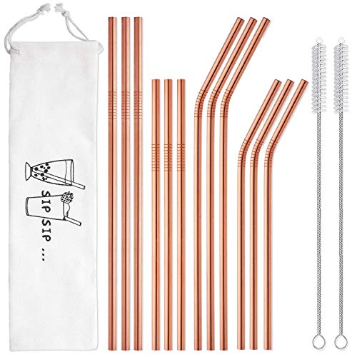 Image of Hiware 12-Pack Rose Gold Metal Straws Reusable with Case - Stainless Steel Drinking Straws for 30oz and 20oz Tumblers Dishwasher Safe, 2 Brushes Included