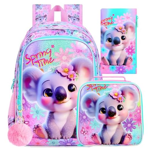 UFNDC Mochila infantil com 3 peças, 40,6 cm com lancheira, mochila escolar resistente à água para crianças em idade pré-escolar, Novo conjunto de mochila Koala para meninas com impressão UV, One Size,