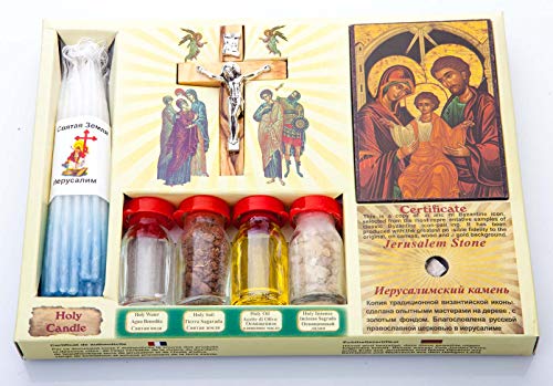 Jerusalem Holy Land Set of Holy Water, Oil, Soil, Incense, Candles, Cross and Icon