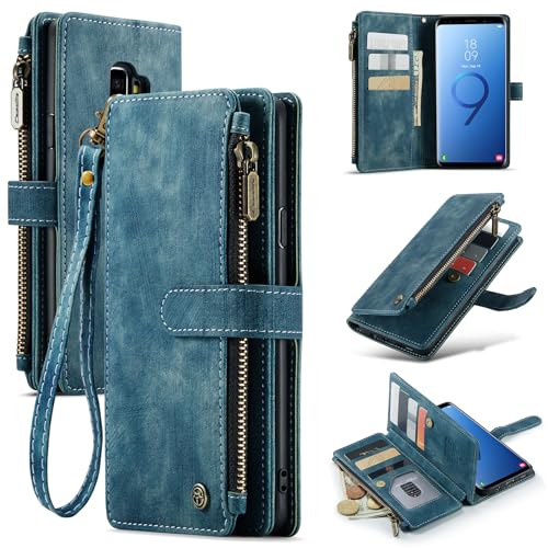 Étui portefeuille Samsung S9 antichoc : housse rabat cuir PU avec porte-cartes et fermeture éclair